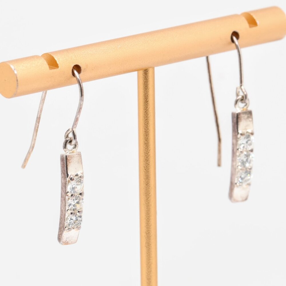 Vintage Sterling Silver White CZ Dangle Fish hook Earrings